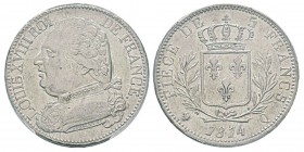 France, Première Restauration 1814-1815 5 Francs, Perpignan, 1814 Q, AG 25 g. Ref : G.591 Conservation : PCGS AU55
