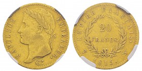 France, Cent-Jours, 20 mars-22 juin 1815 20 Francs, Lille, 1815 W, AU 6.45 g. Ref : G.1025a, Fr.524 Conservation : NGC XF45. Très rare.