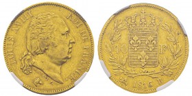 France, Louis XVIII 1815-1824 40 Francs, Rouen, 1816 B, AU 12.9 g. Ref : G.1092, Fr.533 Conservation : NGC AU53. Deuxième plus haut grade. Quantité : ...