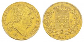 France, Louis XVIII 1815-1824 20 Francs, Bayonne, 1816 L, AU 6.45 g. Ref : G.1028, Fr.541 Conservation : PCGS AU53. Deuxième plus haut grade. Quantité...