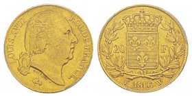 France, Louis XVIII 1815-1824 20 Francs, Lille, 1816 W, AU 6.45 g. Ref : G.1028, Fr.539 Conservation : PCGS XF45. Deuxième plus haut grade. Quantité :...