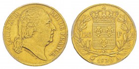 France, Louis XVIII 1815-1824 20 Francs, Paris, 1820 A sans tête de cheval, AU 6.45 g. Ref : G.1028a, Fr.538 Conservation : PCGS AU55. Rarissime. Quel...