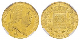 France, Louis XVIII 1815-1824 20 Francs, Marseille, 1824 MA, AU 6.45 g. Ref : G.1028, Fr.546 Conservation : NGC AU50. Deuxième plus haut grade. Quanti...