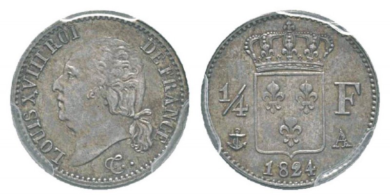France, Louis XVIII 1815-1824 1/4 Franc, Paris, 1824 A, AG 1.25 g. Ref : G.352 C...
