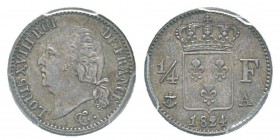 France, Louis XVIII 1815-1824 1/4 Franc, Paris, 1824 A, AG 1.25 g. Ref : G.352 Conservation : PCGS MS64