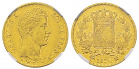 France, Charles X 1824-1830 40 Francs, Marseile, 1830 MA, AU 12.9 g. Ref : G.1105, Fr.548 Conservation : NGC AU55. Le plus bel exemplaire gradé. Quant...