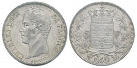 France, Charles X 1824-1830 5 Francs, Marseille, 1830 MA, AG 25 g. Ref : G.644 Conservation : PCGS AU55