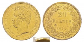 France, Louis Philippe 1830-1848 20 Francs tranche en creux, Paris, 1830 A, AU 6.45 g. Ref : G.1030, Fr.553a Conservation : PCGS AU55. Deuxième plus h...