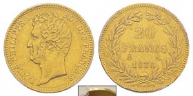 France, Louis Philippe 1830-1848 20 Francs tranche en relief, Paris, 1830 A, AU 6.45 g. Ref : G.1030a, Fr.553 Conservation : PCGS AU53