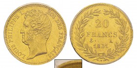 France, Louis Philippe 1830-1848 20 Francs tranche en relief, Paris, 1831 A, AU 6.45 g. Ref : G.1030a, Fr.553 Conservation : PCGS MS61