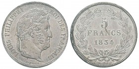 France, Louis Philippe 1830-1848 5 Francs, Lille, 1834 W, AG 25 g. Ref : G.678 Conservation : PCGS MS62