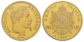 France, Second Empire 1852-1870 100 Francs, Paris, 1865 A, AU 32.25 g. Ref : G.1136, Fr. 580 Conservation : PCGS MS63 Quantité : 1517 ex. Très rare.