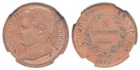 France, Essai de 3 Centimes Napoléon II (Empereur), Bruxelles, 1816 (1860), AE 7.14 g. Ref : G.114, Maz. 644 Conservation : NGC MS64 RB. Un exemplaire...