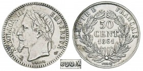 France, Essai de 50 Centimes Napoléon III (Empereur), Paris, 1861 E 850M, AG 2.5 g. Ref : G.416 (1989), Maz. 1681 (R3) Conservation : traces de nettoy...