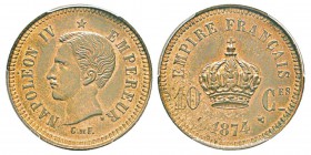 France, Essai de 10 Centimes Napoléon IV (Prétendant), Bruxelles, 1874, AE 9.5 g. Ref : G.254, Maz. 1768 Conservation : PCGS SP63 RB. Un exemplaire Su...