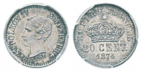 France, Essai en argent du 20 Centimes Napoléon IV (Prétendant), Bruxelles, 1874, AG 1 g. Ref : G.310, Maz. 1767 Conservation : PCGS SP65. Un exemplai...