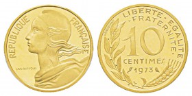 France, Piéfort or de 10 Centimes Marianne, 1973, AU 13 g. 920‰ Ref : Taill.46.P3, KM#P469 Conservation : PCGS SP67 Quantité : 75 ex. Rare.