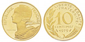 France, Piéfort or de 10 Centimes Marianne, 1979, AU 13 g. 920‰ Ref : Taill.46.P3, KM#P630 Conservation : PCGS SP63 Quantité : 300 ex. Rare.
