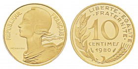 France, Piéfort or de 10 Centimes Marianne, 1980, AU 13 g. 920‰ Ref : Taill.46.P3, KM#P661 Conservation : PCGS SP68 Quantité : 127 ex. Rare.