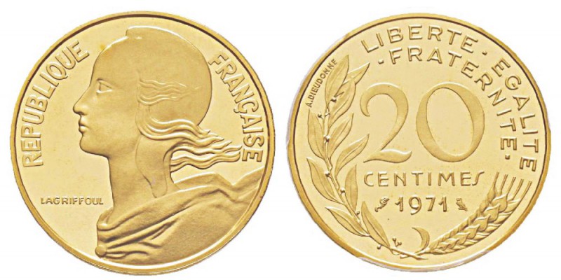France, Piéfort or de 20 Centimes Marianne, 1971, AU 17.5 g. 920‰ Ref : Taill.56...
