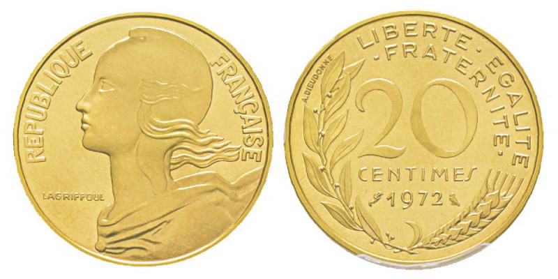 France, Piéfort or de 20 Centimes Marianne, 1972, AU 17.5 g. 920‰ Ref : Taill.56...
