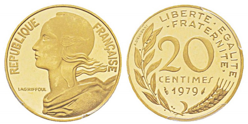 France, Piéfort or de 20 Centimes Marianne, 1979, AU 17.5 g. 920‰ Ref : Taill.56...