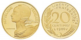 France, Piéfort or de 20 Centimes Marianne, 1980, AU 17.5 g. 920‰ Ref : Taill.56.P3, KM#P664 Conservation : PCGS SP68 Quantité : 136 ex. Rare.
