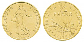 France, Piéfort or de 1/2 franc Semeuse, 1972, AU 18.5 g. 920‰ Ref : Taill.91.P3, KM#P451 Conservation : PCGS SP69 Quantité : 75 ex. Rare.