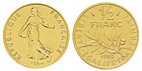 France, Piéfort or de 1/2 franc Semeuse, 1980, AU 18.5 g. 920‰ Ref : Taill.91.P3, KM#P667 Conservation : PCGS SP67 Quantité : 118 ex. Rare.