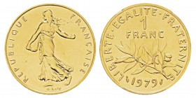 France, Piéfort or de 1 franc Semeuse, 1979, AU 24 g. 920‰ Ref : Taill.104.P3, KM#P639 Conservation : PCGS SP68 Quantité : 300 ex. Rare.