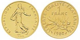France, Piéfort or de 1 franc Semeuse, 1980, AU 24 g. 920‰ Ref : Taill.104.P3, KM#P670 Conservation : PCGS SP68 Quantité : 193 ex. Rare.