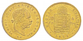 Hungary, Franz Joseph 1848-1916 4 Forint (10 Francs), Fiume, 1892 KB (Kremnitz), AU 3.22 g. Ref : Fr.248, Schl. 90, KM#476.2 Conservation : PCGS AU53....