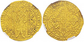 Italy - Jeanne de Naples 1343-1352 Franc à pied (ou Reine d'or), Cuneo, 1372, AU 3.8 g. Avers : RG DEI G IHR G T SICL IOANNA La reine debout de face, ...