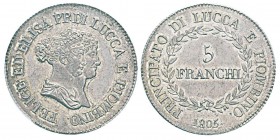 Italy, 5 Francs (Scudo), Lucca, 1805, AG 25 g. Ref : MIR 244, Mont 432, KM#24.2 Conservation : PCGS AU58. Superbe.