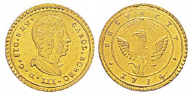 Italy, Carlo di Borbone 1734-1759 Once, Palermo, 1734, AU 4.39 g. Avers : CAROL BORBO III DG SIC REX Buste à droite. Revers : RESVRGIT 1736 phoénix au...