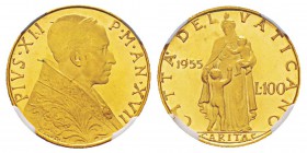 Vatican, Pio XII 1939-1958 100 Lire, Roma, 1955, Au 5.19 g. Ref : Munt.4d, Berman 3404, Fr.290, Mont 524 Conservation : NGC MS65