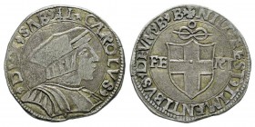 Italie - Savoy, Carlo II 1504-1553 Testone, Bourg-en-Bresse, non daté, AG 8.45 g. Avers : CAROLVS DVX SAB II Buste du duc coiffé d’un béret, à droite....
