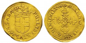 Italie - Savoy, Emanuele Filiberto 1553-1580 Scudo d'oro del Sole III tipo, Vercelli, 1555, AU 3.34 g. Avers : E PHILIBERTVS DVX SABAVDI Écu de Savoie...