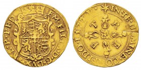 Italie - Savoy, Emanuele Filiberto 1553-1580 Scudo d'oro del Sole VI tipo, Vercelli, 1577 (7 sur 6), AU 3.25 g. Avers : EM FILIB DG DVX SAB P PED Écu ...