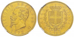 Italy, Vittorio Emanuele II 1861-1878 - Re d'Italia 100 Lire, Roma, 1872 R, AU 32.25 g. Ref : MIR.1076b (R2), Mont.127, Pa g.452, Fr.9, KM#19.2 Conser...