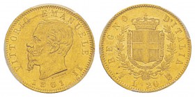 Italy, Vittorio Emanuele II 1861-1878 - Re d'Italia 20 Lire, Torino, 1861, AU 6.45 g. Ref : MIR.1078a (R), Mont.131, Pa g.455, Fr.11, KM#10.1 Conserva...