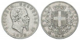 Italy, Vittorio Emanuele II 1861-1878 - Re d'Italia 5 Lire, Roma, 1873, AG 24.8 g. Ref : MIR.1082s (R3), Mont.181, Pa g.497 Conservation : TTB