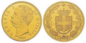 Italy, Umberto I 1878-1900 100 lire, Roma, 1882 R, AU 32.25 g. Ref : MIR.1096b (R2), Mont.02, Pa g.568, Fr.18, KM#22 Conservation : PCGS MS61 Quantité...