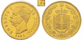 Italy, Umberto I 1878-1900 20 lire, Roma, 1/1882 R, AU 16.12 g. Ref : Mont.17b (variante : 1 sur 1 capovolto) Conservation : PCGS MS64