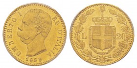 Italy, Umberto I 1878-1900 20 lire, Roma, 1889 R, AU 6.45 g. Ref : MIR.1098n (R), Mont.24, Pa g.584, Fr.21, KM#21 Conservation : PCGS MS63