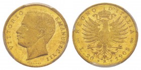 Italy, Vittorio Emanuele III 1900-1943 20 lire, Roma, 1905 R, AU 6.45 g. Ref : MIR.1125d, Mont.46, Pa g.664, Fr.24, KM#37.1 Conservation : PCGS MS64