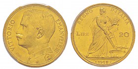 Italy, Vittorio Emanuele III 1900-1943 20 lire, Roma, 1912 R, AU 6.45 g. Ref : MIR.1126b, Mont.110, Pag.667, Fr.28, KM#48 Conservation : PCGS MS64. Ra...