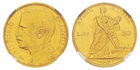 Italy, Vittorio Emanuele III 1900-1943 10 lire, Roma, 1912 R, AU 3.22 g. Ref : MIR.1131b, Mont.58, Pa g.688, Fr.29, KM#47 Conservation : NGC MS63