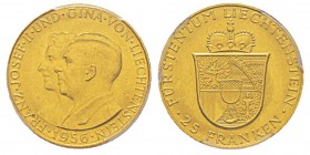 Liechtenstein, Franz Josef II 1938-1990 25 Francs, 1956, AU 5.64 g. 900‰ Ref : Y#15, Fr.21 Conservation : PCGS MS64 Quantité : 17000 ex.