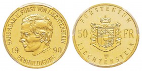 Liechtenstein, Hans Adam II 1990- 50 Francs, 1990, AU 10 g. 900‰ Ref : Y#23, Fr.25 Conservation : PCGS Proof 65 DEEP CAMEO Quantité : 25000 ex.